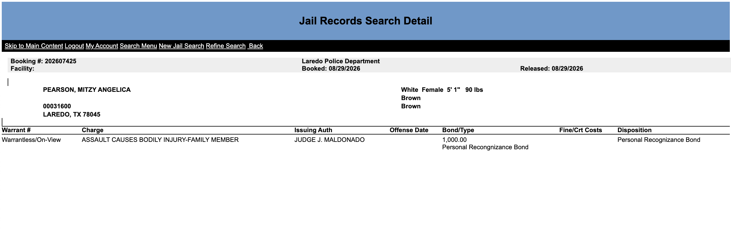 Jail Records Search of Mitzy Pearson